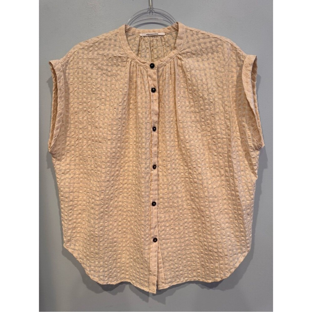 Pomandère Italy Beige Seersucker Gingham Cap Sleeve Blouse Top